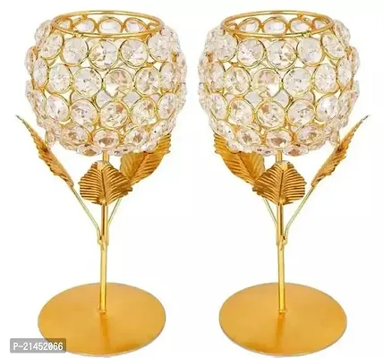 ARTrends Metal Crystal TeaLight T Light Holder Candle Holder Stand for Home Decoration Gold Plated Size 17x9CM Pack of 2