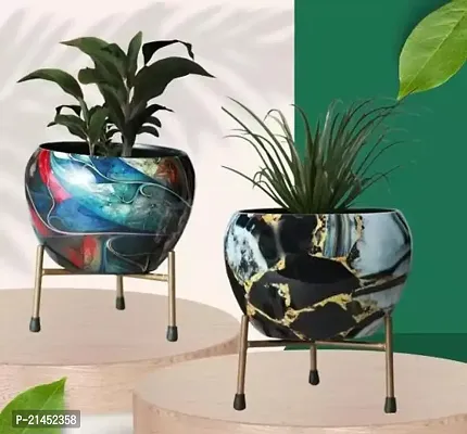 AR trends Multicolour Metal Pot with Stand Rust Free Powder Coating Indoor Outdoor Use Home Office Decor Plants Not Included Pot Size 10 13cm Stand Height 7 5cm