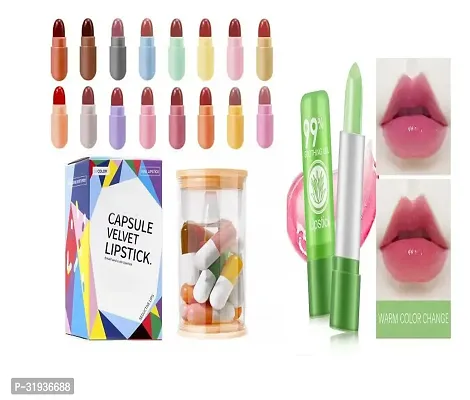 Combo of 16 Pieces Mini Capsule Matte Velvet Multicolor  Lipstick and Aloe Vera Magical Color Changing  Lip Balm Pack of 2