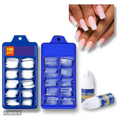 Professional Artificial Nails Set - 100 White  100 Transparent with 2 Nail Glue Combo-thumb0