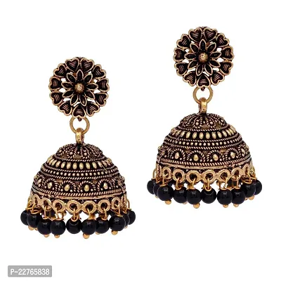 Rajasthani Traditional Wedding Collection Floral Design Gold Oxidised Black Color Jhumki Earrings (GSE600)-thumb0