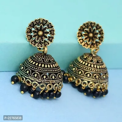 Rajasthani Traditional Wedding Collection Floral Design Gold Oxidised Black Color Jhumki Earrings (GSE600)-thumb2