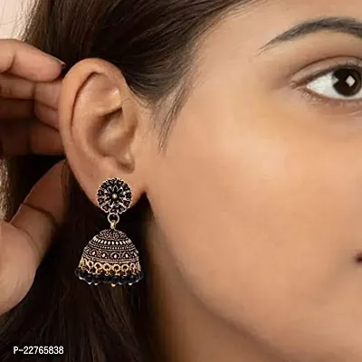 Rajasthani Traditional Wedding Collection Floral Design Gold Oxidised Black Color Jhumki Earrings (GSE600)-thumb5