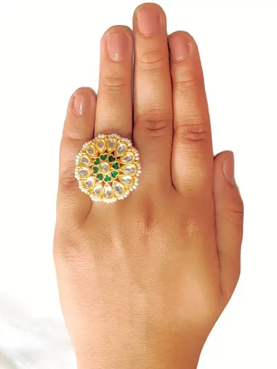 Green Color Kundan Meena Ring For Women (KMR448GRN)