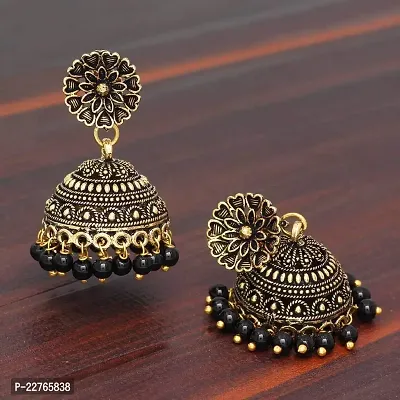 Rajasthani Traditional Wedding Collection Floral Design Gold Oxidised Black Color Jhumki Earrings (GSE600)-thumb4