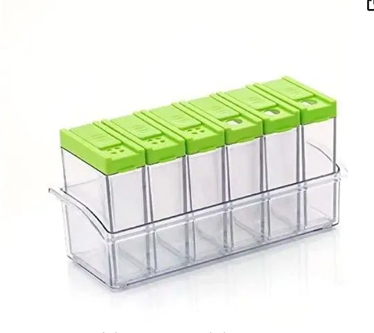 DealFry Plastic Transparent Seasoning Box Spices Case, Premium Multipurpose Plastic Spice Rack, 6 pcs Spice Jar (Green)