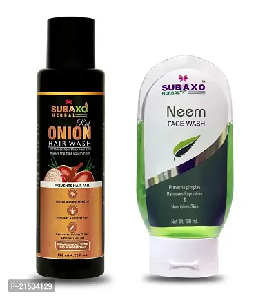 SUBAXO Red Onion Herbal Hair Wash (120ml) and Neem Herbal Face Wash | Nourishes Skin  Prevent Impurities (100ml) combo-thumb0