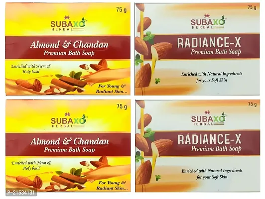 SUBAXO Almond  Chandan Bath Soap(75 gm) And Radiance-x Bath Soap(75 gm) Combo,Pack of 4(2 Each)