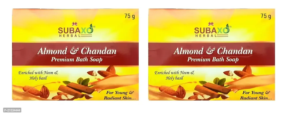 SUBAXO Almond  Chandan Bath Soap | Premium Bath Soap for Young  Radiant Skin (75g Each, Pack Of 2)-thumb0