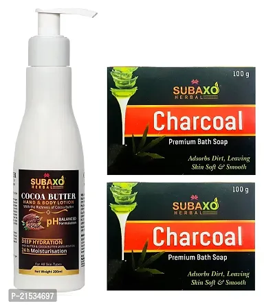 SUBAXO Charcoal Bath Soap(100 g Each, Pack Of 2) And Cocoa Butter Herbal Body Lotion(200ml) Combo-thumb0