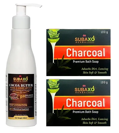 SUBAXO Charcoal Bath Soap(100 g Each, Pack Of 2) And Cocoa Butter Herbal Body Lotion(200ml) Combo