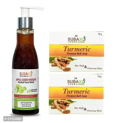 SUBAXO Turmeric Bath Soap (75g Each, Pack Of 2) And Apple Cider Vinegar Face Wash(200 ml) Combo