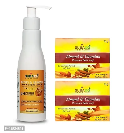 Subaxo Herbal Almond  Chandan (Sandalwood) Ayurvedic Bath Soap (75 gm Each, Pack Of 2) And Honey  Almond Herbal Hand  Body Lotion | Deep Moisturizer| Hydration| (200ml) Combo-thumb0