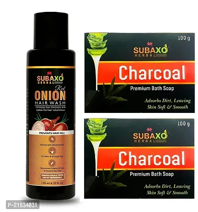 SUBAXO Charcoal Bath Soap(100 g Each, Pack Of 2) And Red Onion Herbal Hair Wash(120ml) Combo