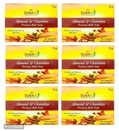 SUBAXO Almond  Chandan Bath Soap | Premium Bath Soap for Young  Radiant Skin (75g Each, Pack Of 6)-thumb0