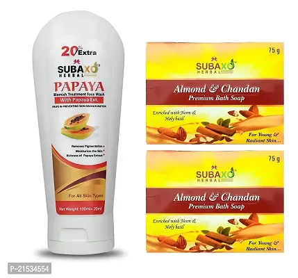 SUBAXO Almond  Chandan (Sandalwood) Bath Soaps (75 g Each, Pack Of 2) And Papaya Herbal Face Wash | Skin Glowing | Nourishing | (120ml) Combo Pack For Women  Men