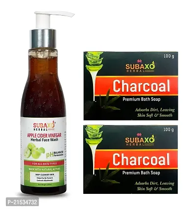 SUBAXO Charcoal Bath Soap(100 g Each, Pack Of 2) And Apple Cider Vinegar Face Wash(200ml)-thumb0