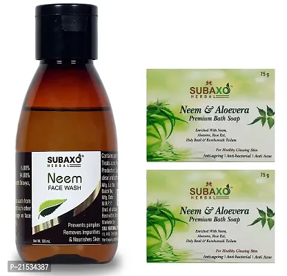 SUBAXO Neem  Aloevera Ayurvedic Bath Soap (75 g Each, Pack Of 2) And Neem Herbal | Anti Acne| Oil Control | Refreshing| Face Wash(100ml) For Women  Men