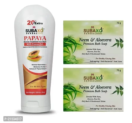 SUBAXO Neem  Aloevera Ayurvedic Bath Soap(75 g Each, Pack Of 2) And Papaya Herbal |Skin Glowing | Face Wash(120ml) - For Women  Men