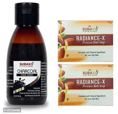 Subaxo Herbal Radiance-x Premium Ayurvedic Bath Soap (75 g Each, Pack Of 2) And Charcoal Herbal |Deep Cleansing | Anti Pollution | Face Wash(100ml)- Combo Pack For Women  Men