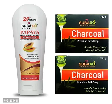 SUBAXO Charcoal Bath Soap(100 g Each, Pack Of 2) And Papaya Herbal Face Wash(120ml)