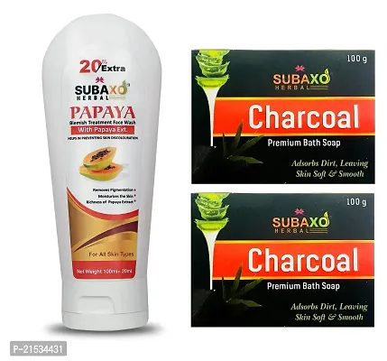 SUBAXO Charcoal Bath Soap(100 g Each, Pack Of 2) And Papaya Herbal Face Wash(120ml)-thumb0