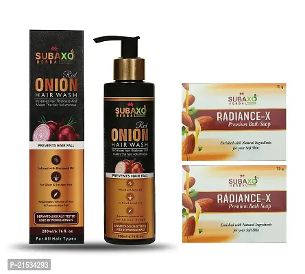 SUBAXO Radiance-x Premium Bath Soap(75 g Each,Pack Of 2) And Red Onion Herbal Hair Wash-Anti Hair Fall Premium Shampoo(200ml)-thumb0