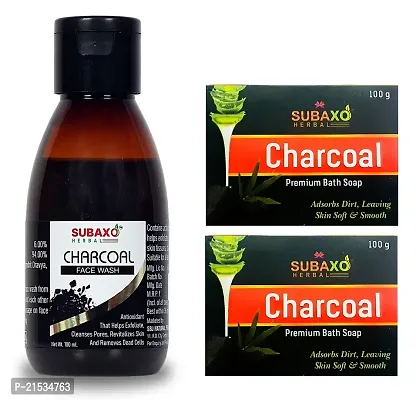 Subaxo Herbal Charcoal | Ayurvedic | Deep Cleansing | Bath Soap(100 g Each, Pack Of 2) And Charcoal Herbal Face Wash(100ml)- Combo Pack For Women  Men-thumb0