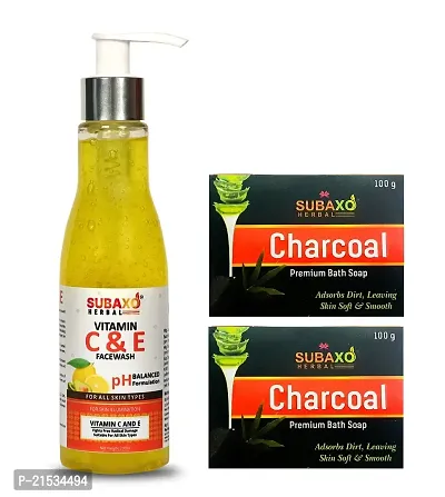 SUBAXO Charcoal Bath Soap(100 g Each, Pack Of 2) And Vitamin C  Vitamin E Face Wash (200ml) Combo