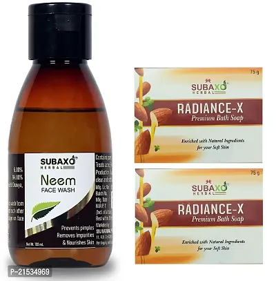 SUBAXO Radiance-X Premium Bath Soap(75 g Each, Pack Of 2) And Neem Herbal Anti Acne/Pimple, Deep Cleansing Face Wash(100ml)