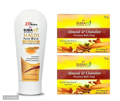 SUBAXO Haldi Herbal Face Wash | Anti-Bacterial | Deep Pore Cleansing (120ml) And Almond  Chandan bath soap (75g Each, Pack Of 2) Combo-thumb0