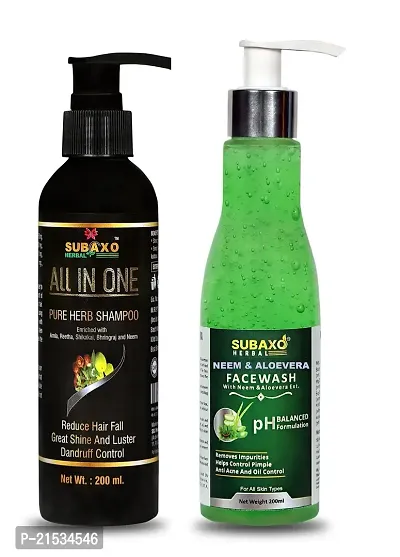 SUBAXO All In One Herbal Shampoo(200ml) And Neem AloeVera Face Wash (200ml) Combo-thumb0