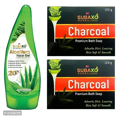 SUBAXO Charcoal Premium Bath Soap(100 g Each, Pack Of 2) and Aloe Vera Herbal Face Gel(120 ml) Combo