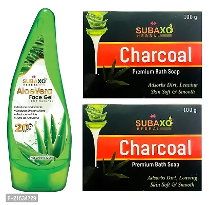 SUBAXO Charcoal Premium Bath Soap(100 g Each, Pack Of 2) and Aloe Vera Herbal Face Gel(120 ml) Combo-thumb0