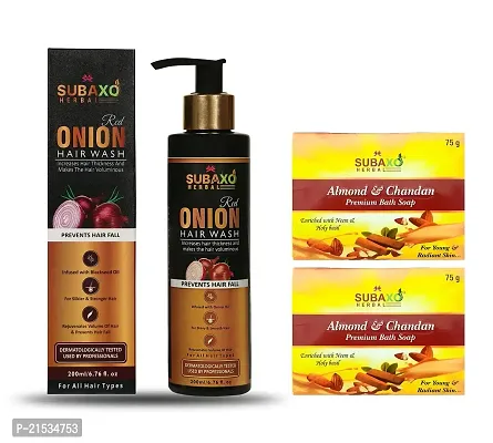 Subaxo Herbal Almond  Chandan (Sandalwood) Ayurvedic Soaps (75 g Each, Pack Of 2) And Onion Shampoo | Anti Hair Fall | For Stronger  Silkier | (200ml) Combo Pack-thumb0