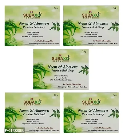 SUBAXO Neem  Aloevera Bath Soap | Premium Bath Soap for Glowing Skin | Anti Acne  Pimple Fighting Soap (75g Each, Pack Of 5)