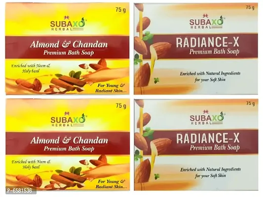 Subaxo Herbal Almond and Chandan Soap 2 Pc and Radiance-X Soap 2 Pc Each 75 G