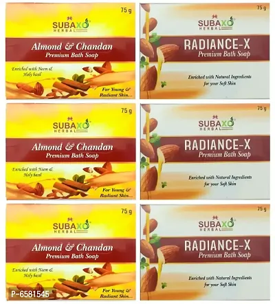 Subaxo Herbal Almond and Chandan Soap 3 Pc and Radiance-X Soap 3 Pc Each 75 g