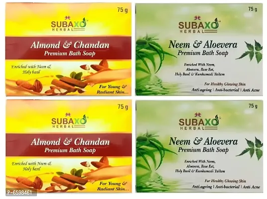 Subaxo Herbal Almond and Chandan Soap 2 Pc And Neem and Aloevera Premium Beauty Bath Soap Each Of 75 G