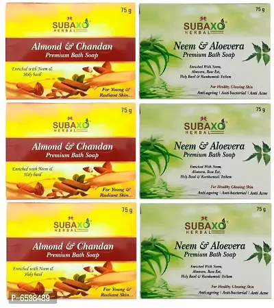 Subaxo Herbal Almond and Chandan Soap 3 Pc and Neem and Aloevera Premium Bath Soap 3 Pc Each 75 G