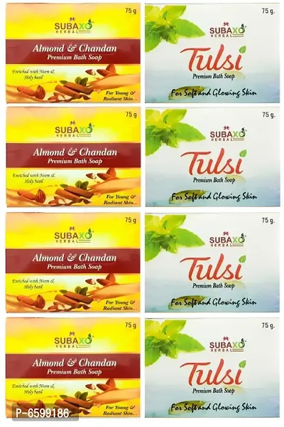 Subaxo Herbal Almond and Chandan 4 Pc and Tulsi Soap 4 Pc Each 75 G