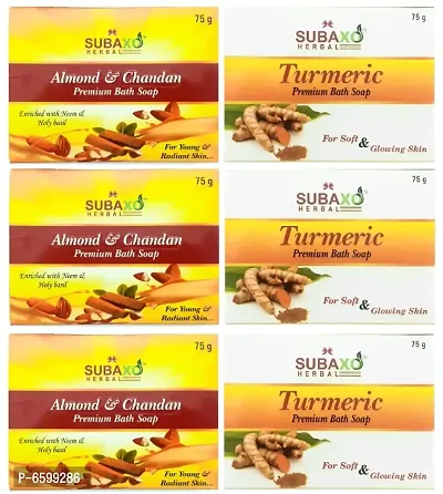 Subaxo Herbal Almond and Chandan Soap 3 Pc and Turmeric soap 3 Pc Each 75 G