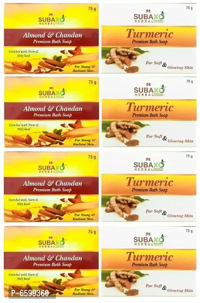 Subaxo Herbal Almond and Chandan 4 Pc Soap and Turmeric Soap 4 Pc Each 75 G