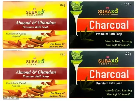 Subaxo Herbal Almond and Chandan 2 Pc Each 75 G and Charcoal Soap 2 Pc Each 100 G