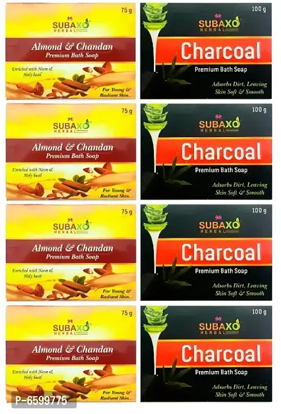 Subaxo Herbal Almond and Chandan 4 Pc Each 75 G and Charcoal Soap 4 Pc Each 100 G