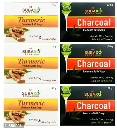 Subaxo Herbal Turmeric Soap 3 Pc each 75 G and Charcoal Soap 3 Pc each 100 G