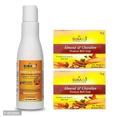 Subaxo Herbal Honey and Almond Body Lotion 200 ml and Almond and Chandan Beauty Premium Bath Soap 2 Pc each 75 G