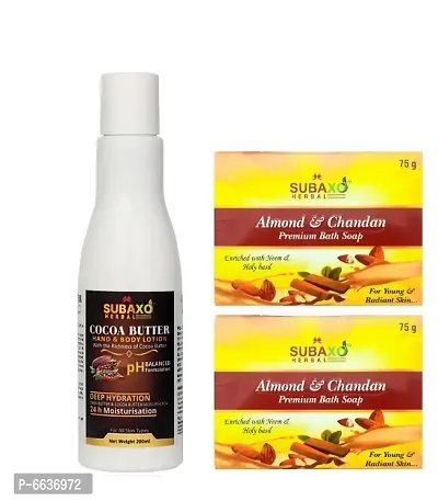 Subaxo Herbal Cocoa Butter Body Lotion 200 ml and Almond and Chandan Premium Bath Soap 2 Pc Each 75 G