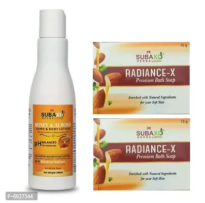 Subaxo Herbal Honey and Almond Body Lotion 200 ml and Radiance-X Soap 2 Pc Each 75 G