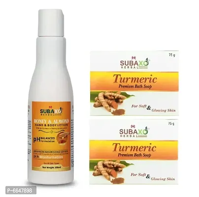 Subaxo Herbal Honey and Almond Body Lotion 200 ml and Turmeric Premium Bath Soap 2 Pc each 75 G